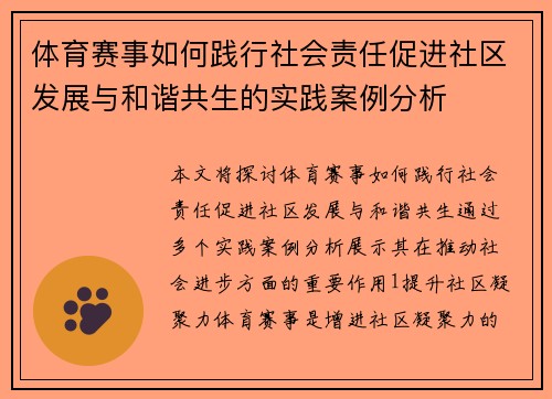 体育赛事如何践行社会责任促进社区发展与和谐共生的实践案例分析