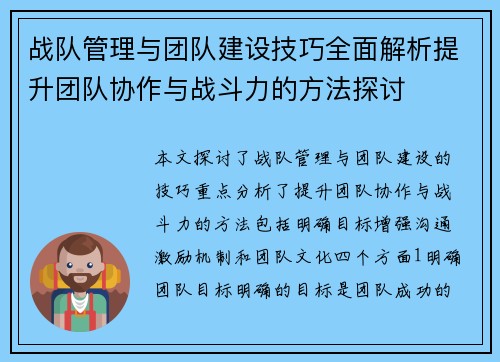 战队管理与团队建设技巧全面解析提升团队协作与战斗力的方法探讨