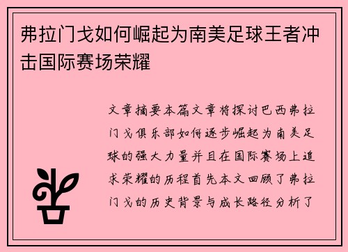 弗拉门戈如何崛起为南美足球王者冲击国际赛场荣耀